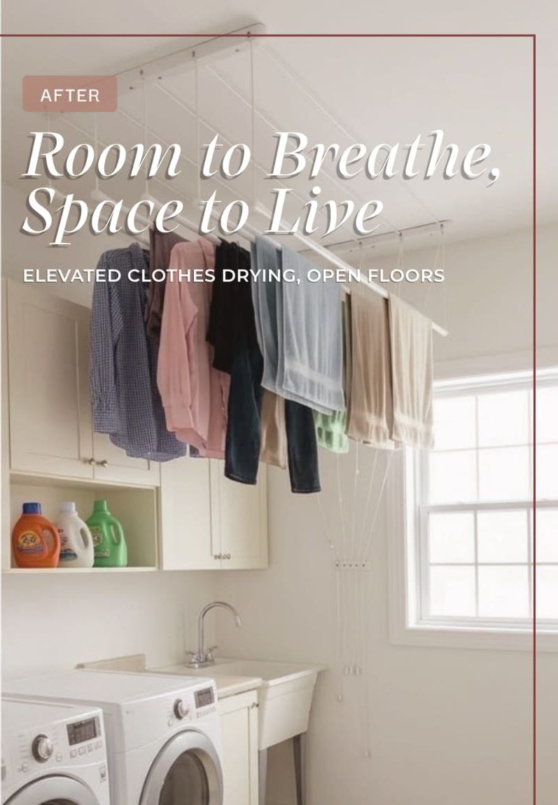 After: the same laundry room with clothes drying on the ceiling rack and the floor clear