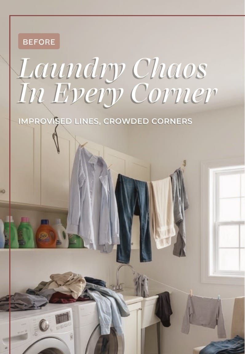 Before: laundry hung on improvised lines and piled on the machines in a cluttered laundry room