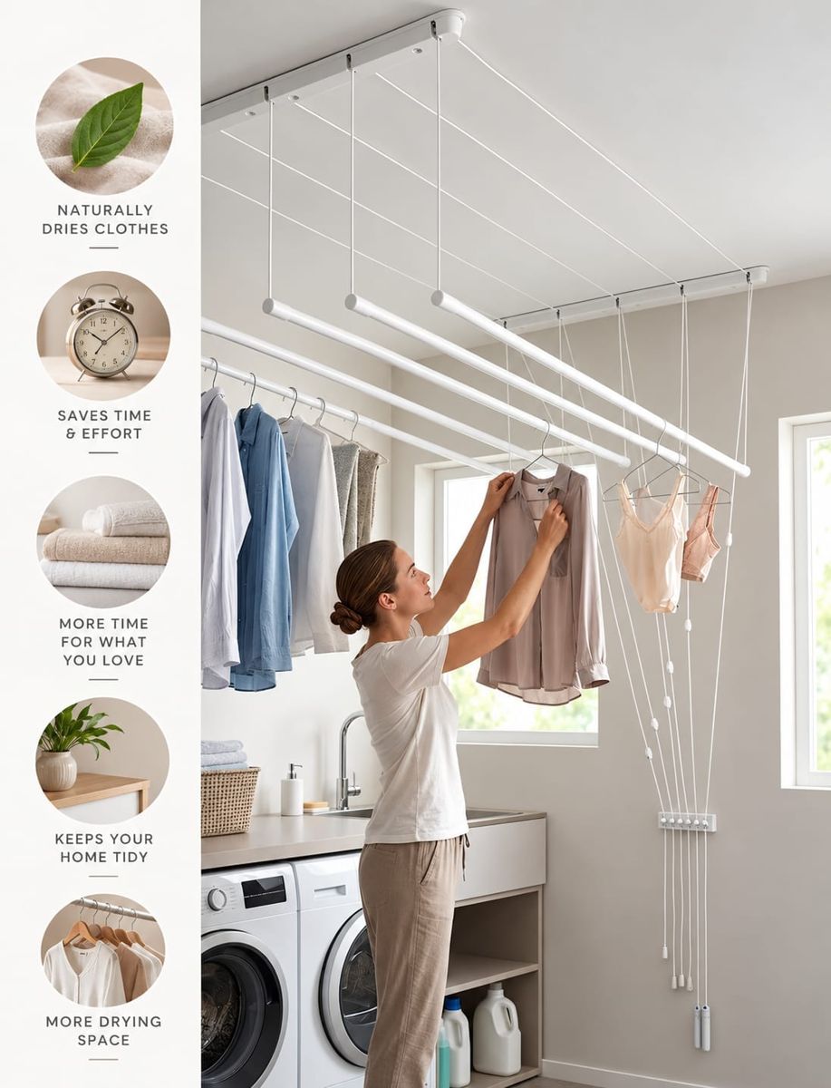 Lowering the drying rack with its pulley cord