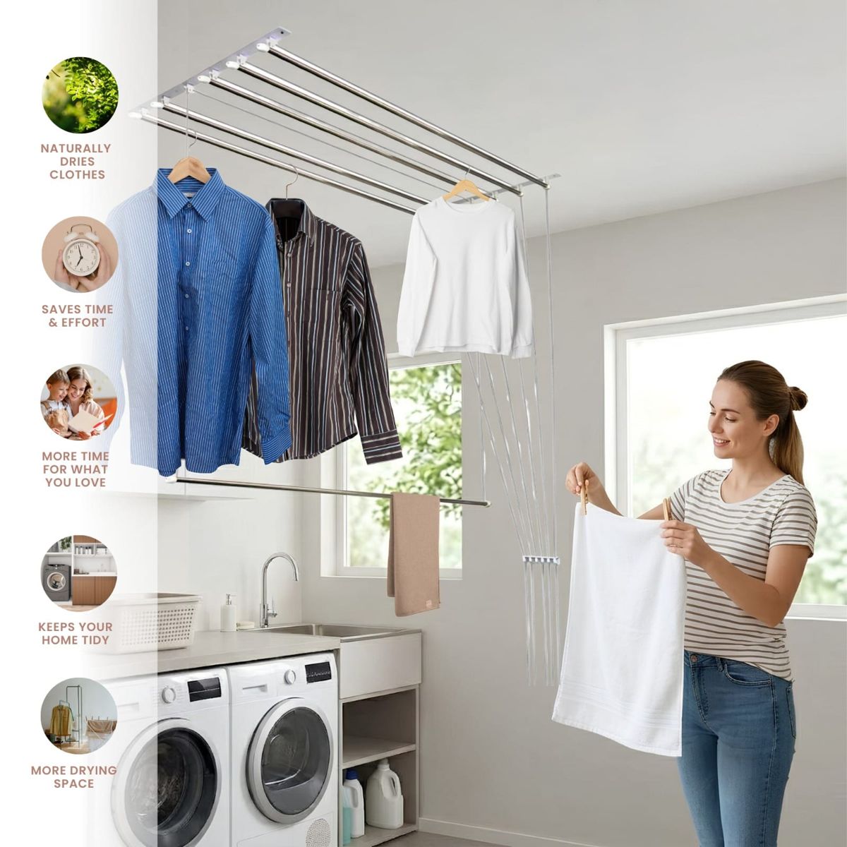 Hanging clothes on the Practic Drop Dryer, with feature icons