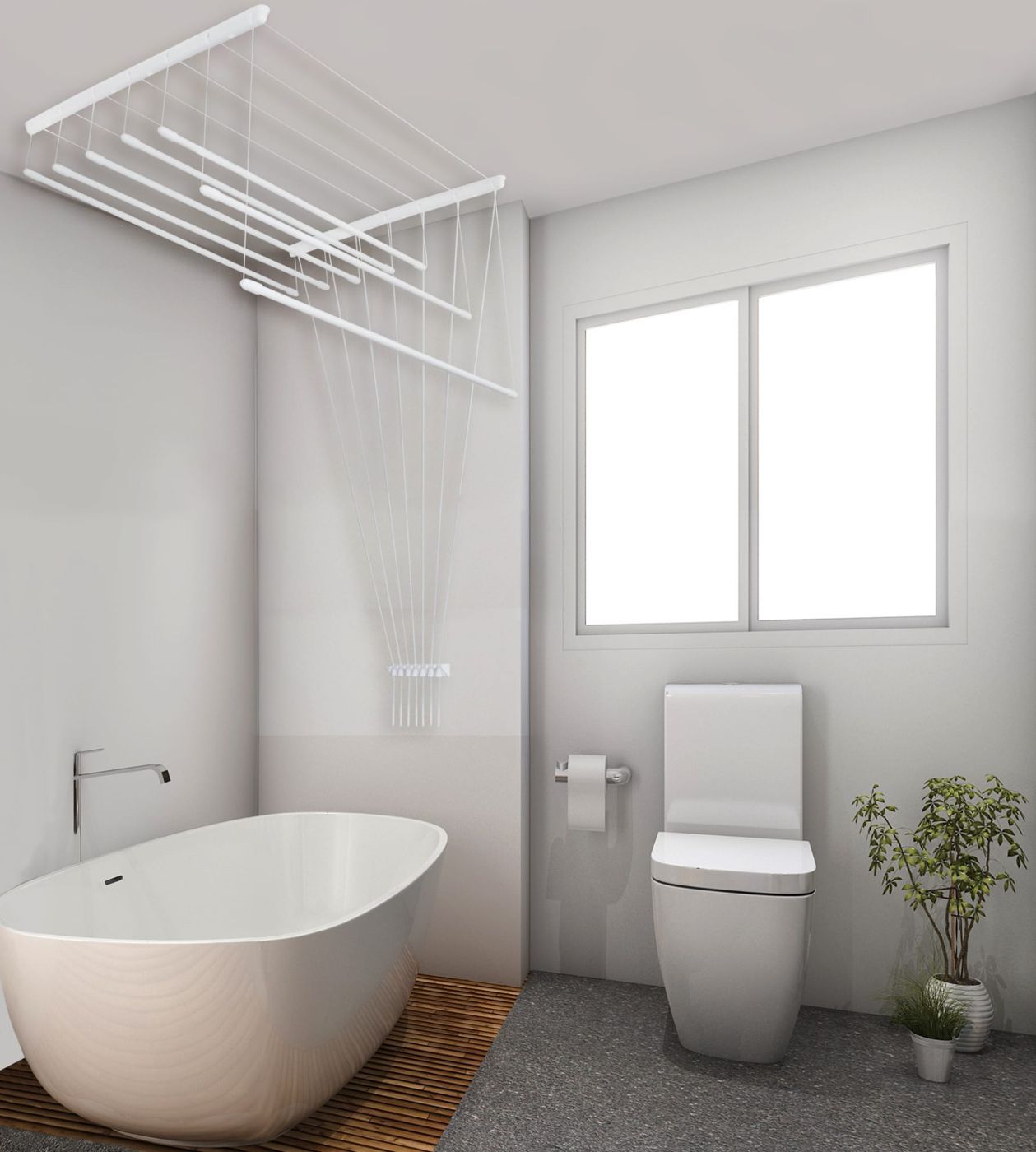 Bright bathroom with the drying rack raised up near the ceiling